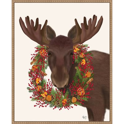 Christmas Moose and Cranberry Wreath by Fab Funky (23 x 28 in.), Framed Canvas Wall Art Print - Sylvie Beaded Rustic Natural