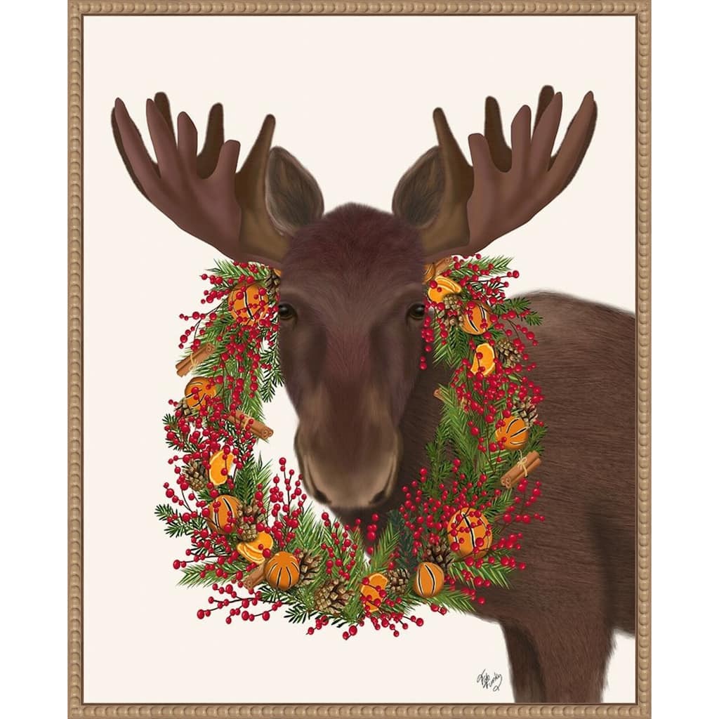 Christmas Moose and Cranberry Wreath by Fab Funky (23 x 28 in.), Framed Canvas Wall Art Print - Sylvie Beaded Rustic Natural