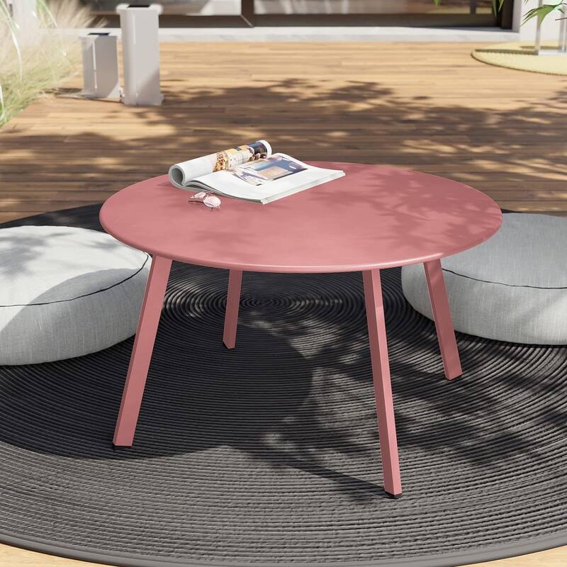 Patio Round Steel Patio Coffee Table, Weather Resistant Outdoor Large Side Table