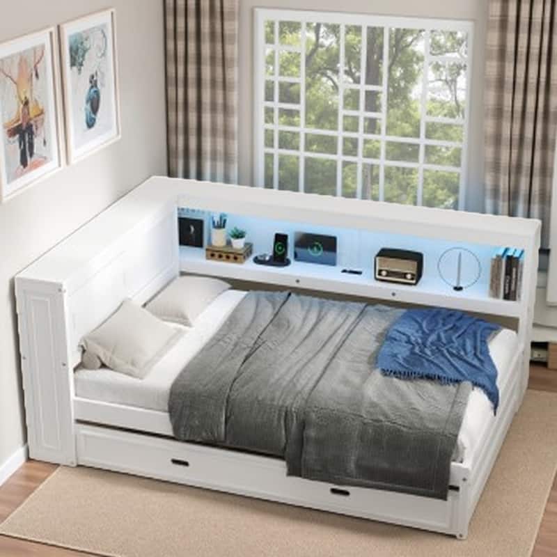 Full Size Wooden Daybed with Pull-Out Trundle, LED-Lit Storage Shelves, USB Charging Port, and Sliding Doors - White