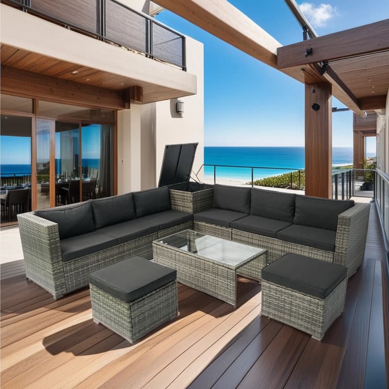 8 Piece Patio Sectional Wicker Rattan Outdoor Furniture Sofa Set with One Storage Box Under Seat