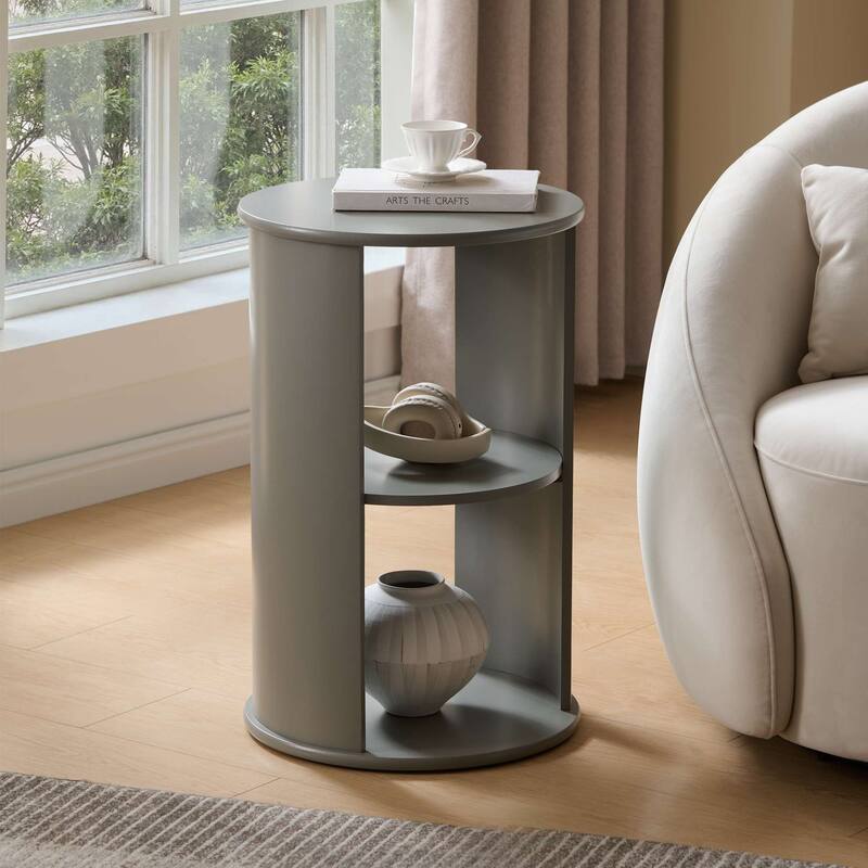 Evan Contemporary Wood Round Side Table with Storage - Grey