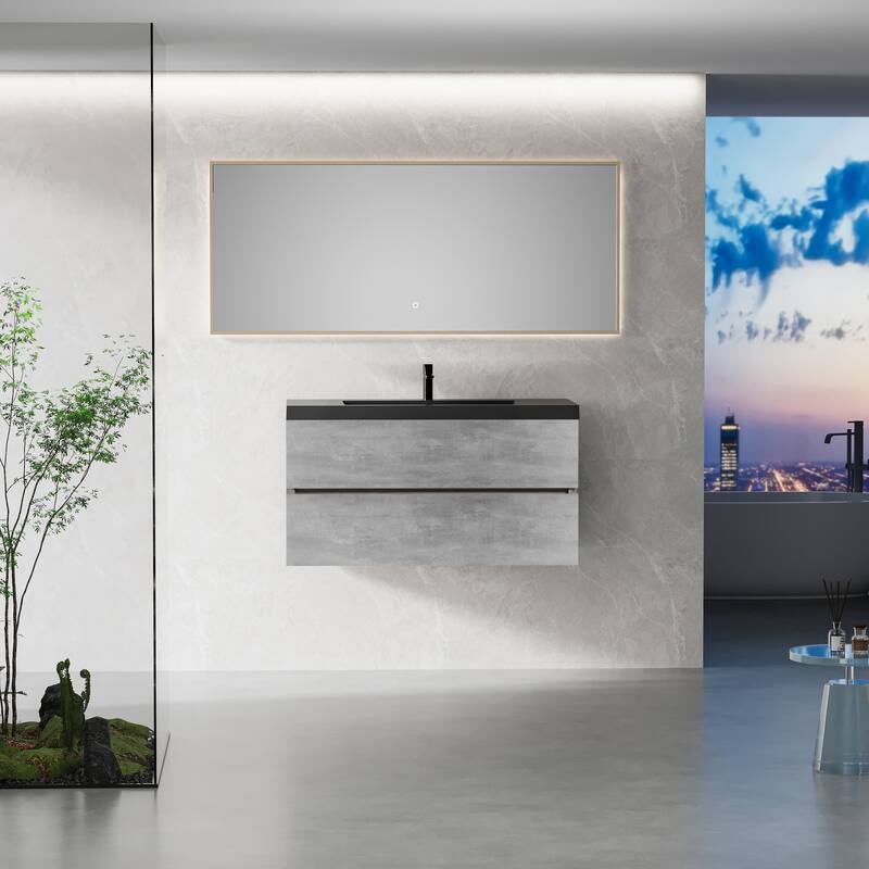 GDFStudio - Carter Floating Bathroom Vanity with Quartz Sand Countertop & Soft-Close Drawers