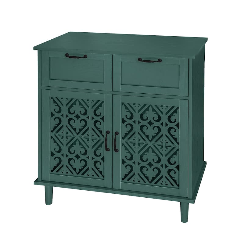 Roomfitters 2 Door 2 Drawer Storage Cabinet, Accent Sideboard Buffet Cabinet with Carved Doors, Dark Green