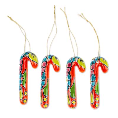 Novica Handmade Vermilion Canes Ceramic Ornaments (Set Of 4)