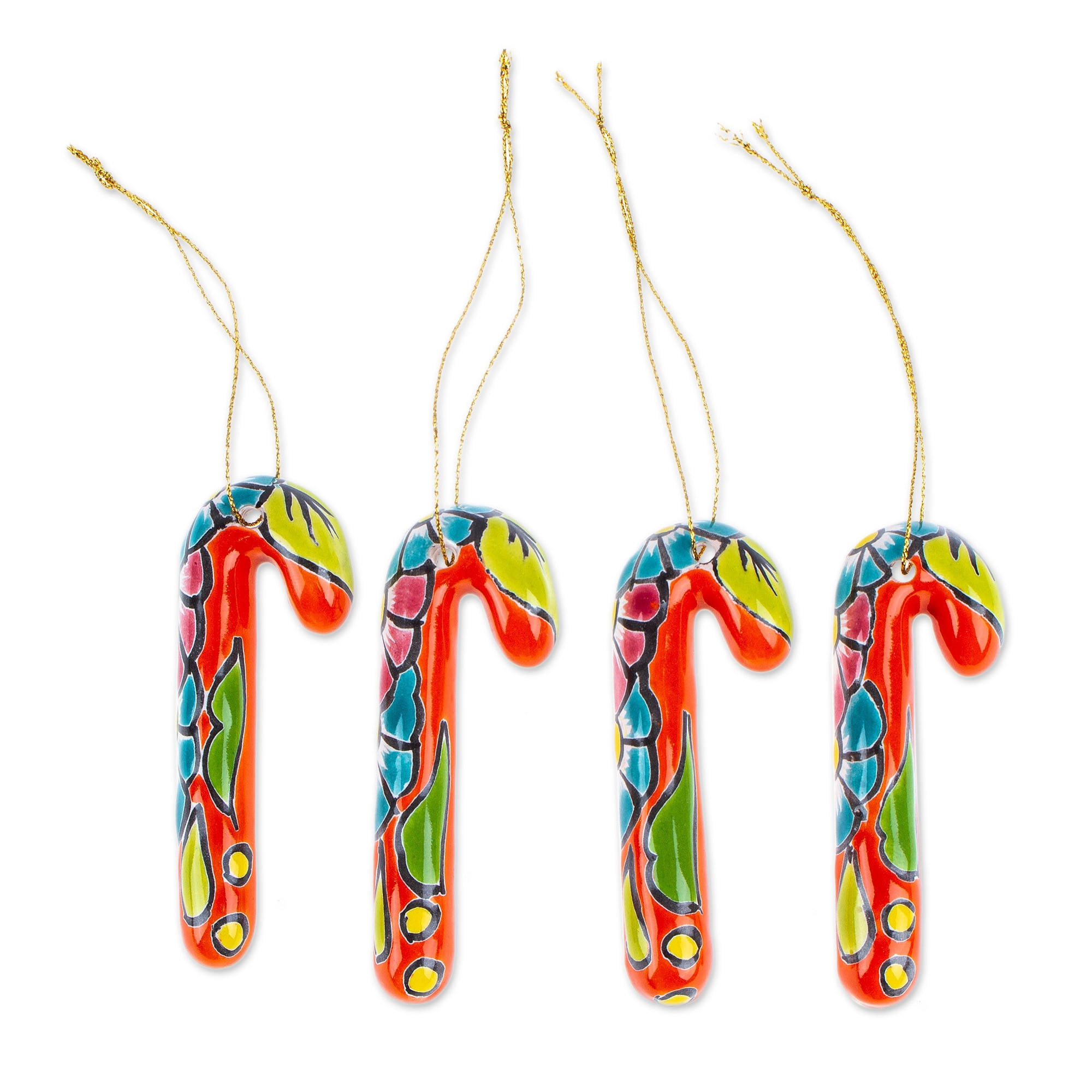 Novica Handmade Vermilion Canes Ceramic Ornaments (Set Of 4)