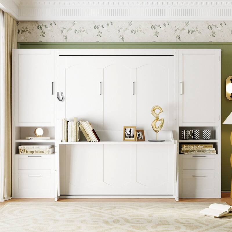 Queen Size Murphy Bed Wall Bed with 2 Wardrobes and 4 Storage Drawers, Foldable Murphy Cabinet Bed w/Open Storage Shelves& Stool
