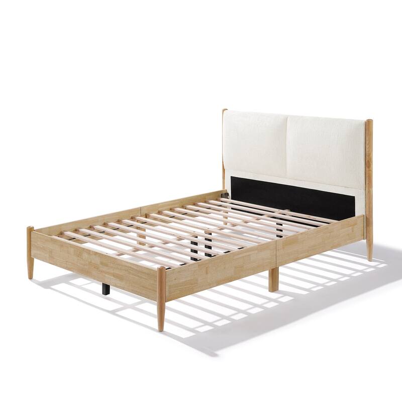 Roomfitters Queen Platform Bed Frame with White Upholstered Headboard, Mid-Century Modern Solid Wood Mattress Base, Natural