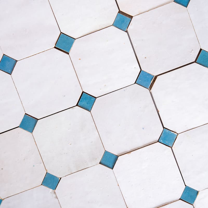 Contemporary Zellige Panels, 12" X 12" X 1/2", White - Maya blue Accents