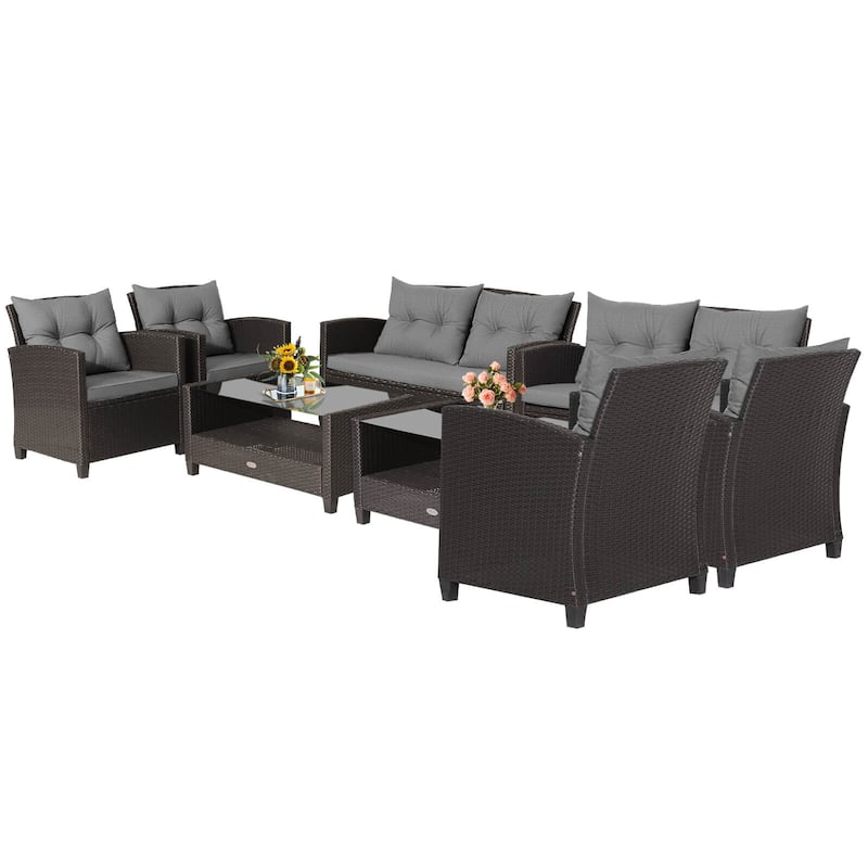 Costway 8 PCS Patio Rattan Furniture Set Glass Table Shelf Sofa - See Details
