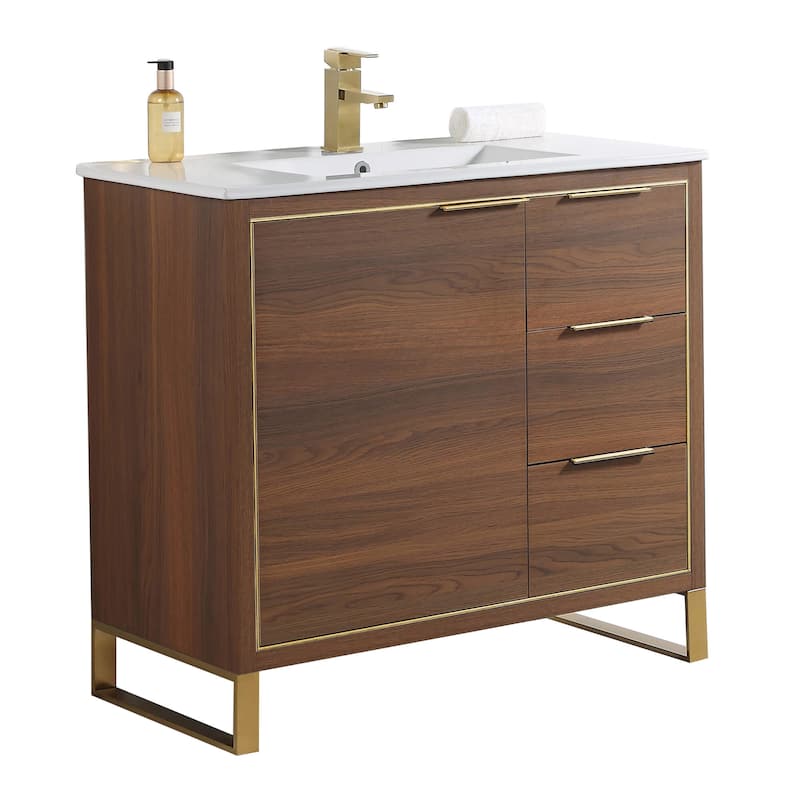 Fine Fixtures Opulence Collection Bathroom Vanity with White Ceramic Sink - 36 Inch - Walnut Ebony - Satin Brass Hardware