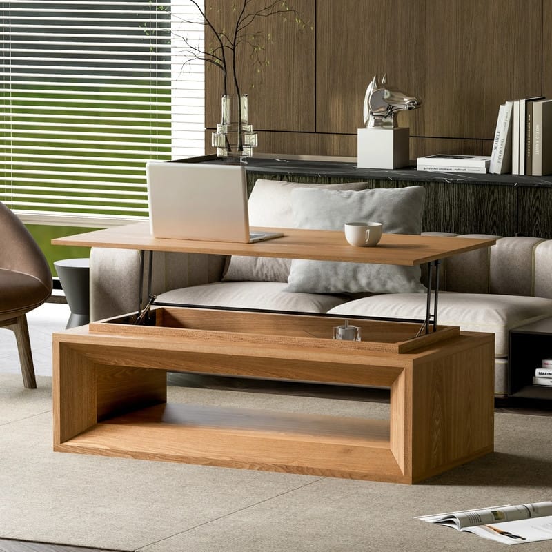 43.3" Lift-Top Coffee Table, Solid Wood Veneer Modern Accent Table with Storage and Adjustable Height - Natural