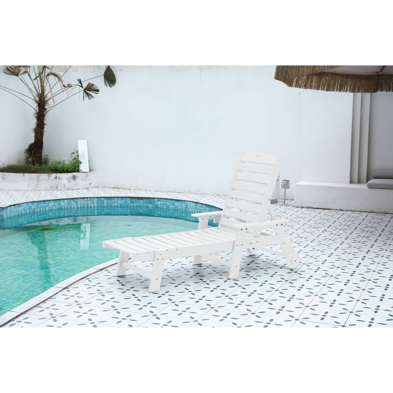 Outdoor Patio Wooden Oversized Chaise Lounge Chair w/ 5 Positions for Pool, Deck, Poolside, Grey - White