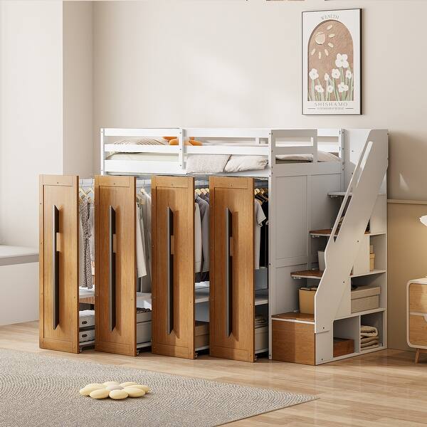 slide 2 of 20, White Twin Size Solid Wood Modern Loft Bed with Storage Stairs and Wardrobes White