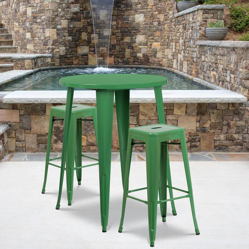 30'' Round Metal Indoor-Outdoor Bar Table Set with 2 Square Seat Backless Stools - 30"W x 30"D x 41"H - 30"W x 30"D x 41"H