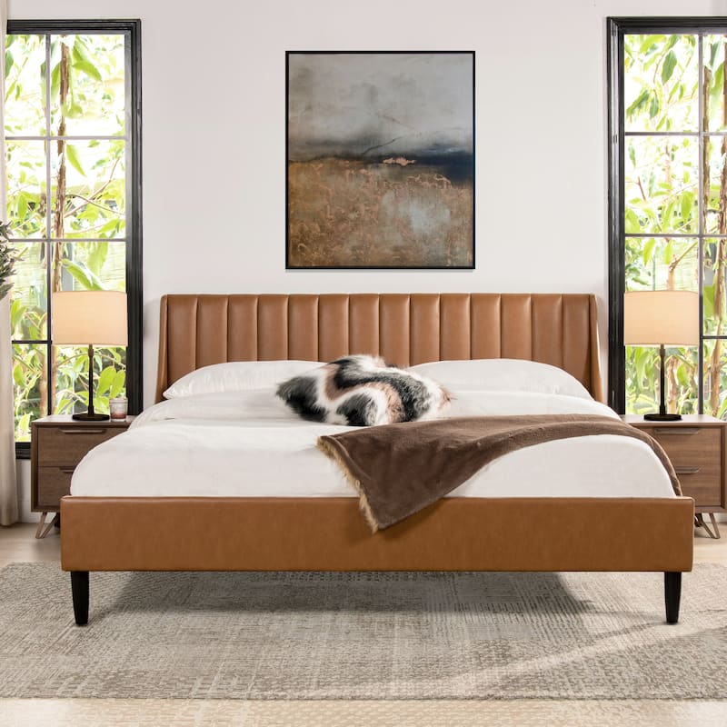 Aspen Vertical Tufted Upholstered Platform Bed - Caramel Tan Brown Faux Leather - King