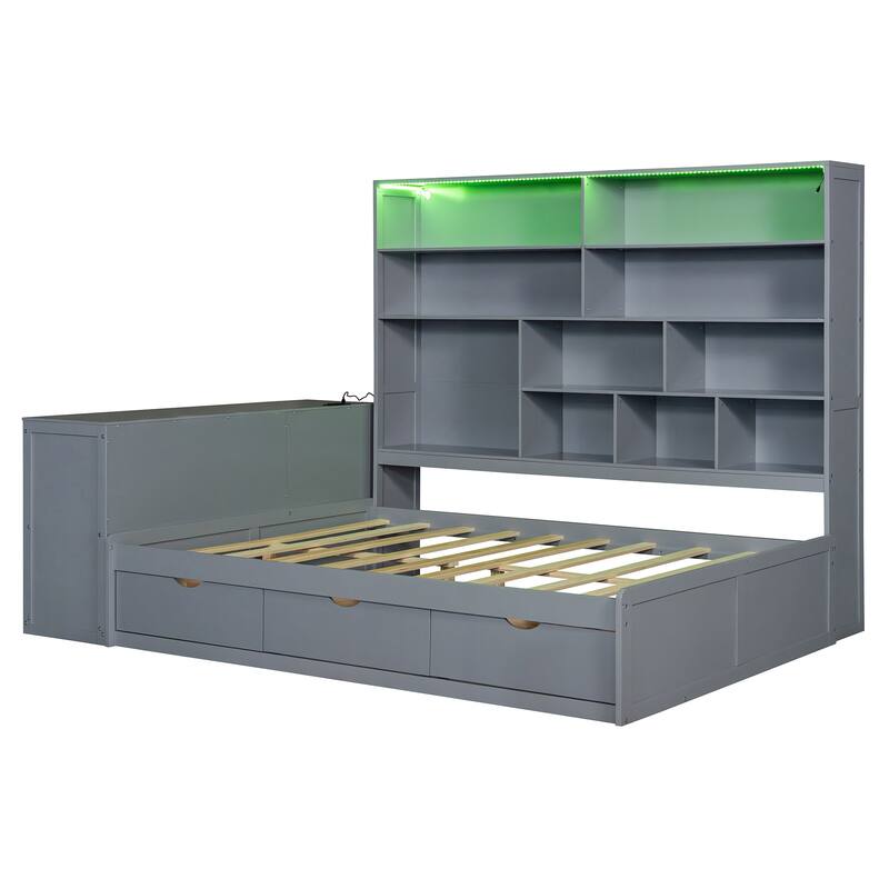 Full Size Wooden Daybed with Built In Desk, Charging Station, Versatile LED Platform Sofa Bed Frame