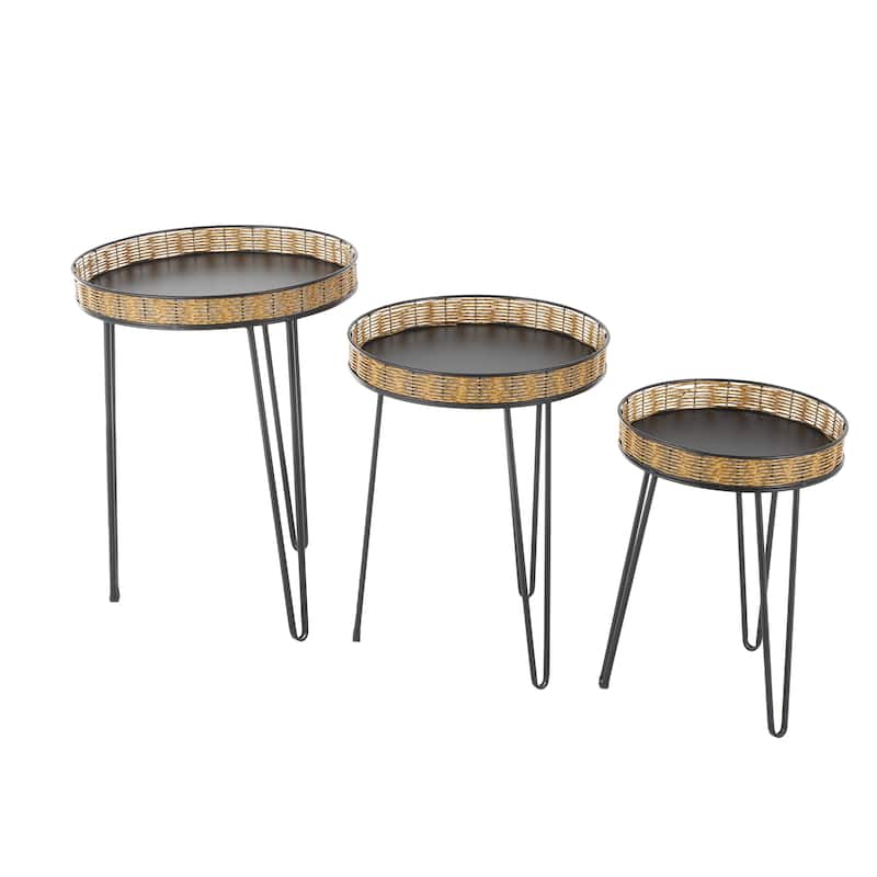 Metal Handmade Accent Table with Rattan Edges Tabletops - Set of 3 Black - Roche River Decor