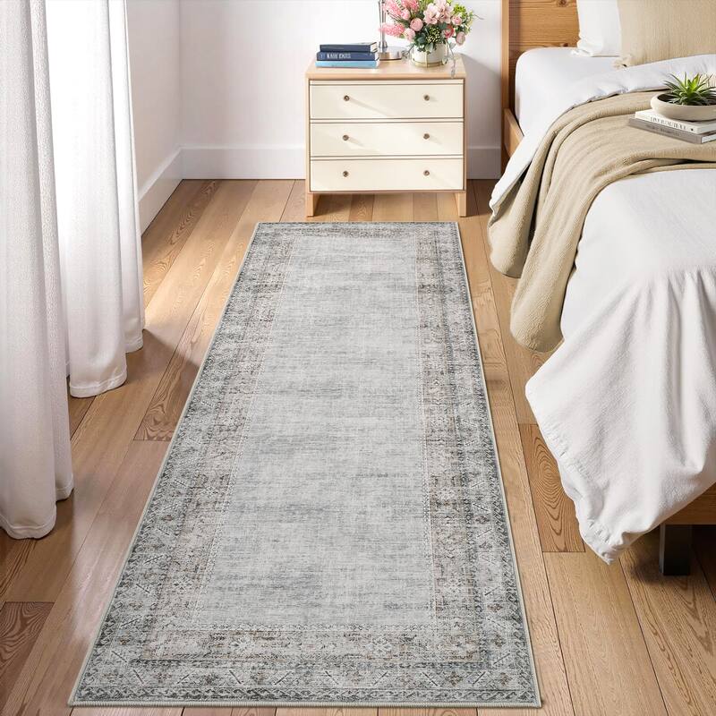 Vintage Bordered Area Rug Washable Area Rug Non-Slip Low Pile Throw Carpet for Living Room Bedroom Dining Room