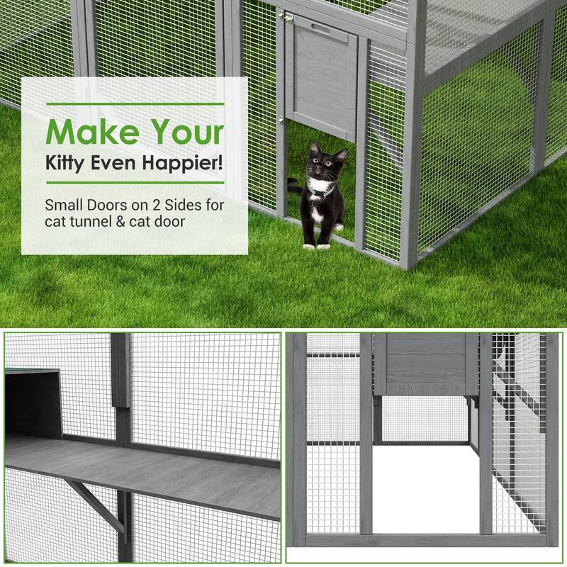 57.2ft² Large Wooden Outdoor Cat House, with 2 Cat Doors, Roof Cover