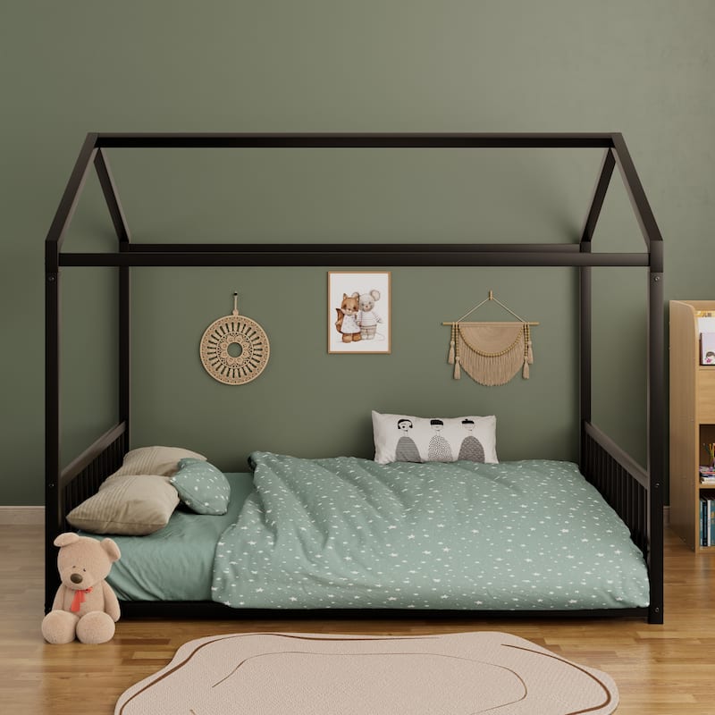 Montessori Metal House Bed with End Guardrails by Harper&Bright Designs
