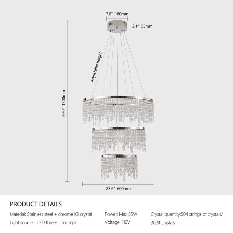 24-inch Crystal Chandelier LED Ceiling Lamp, Height Adjustable, Luxury Round Chandelier, Suitable for Living Room, Dining Room