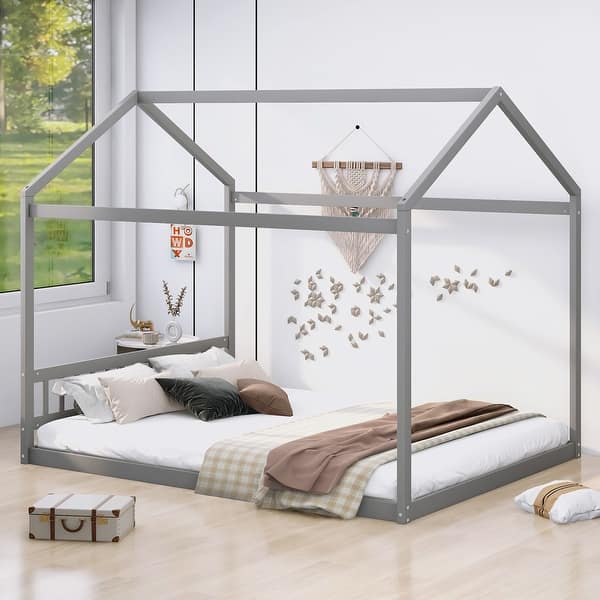 slide 2 of 17, Queen Wooden House-shaped Kids Bed Frame with Headboard, Fun House-Shaped Design, Easy to Clean, Assembly Required, Grey Grey