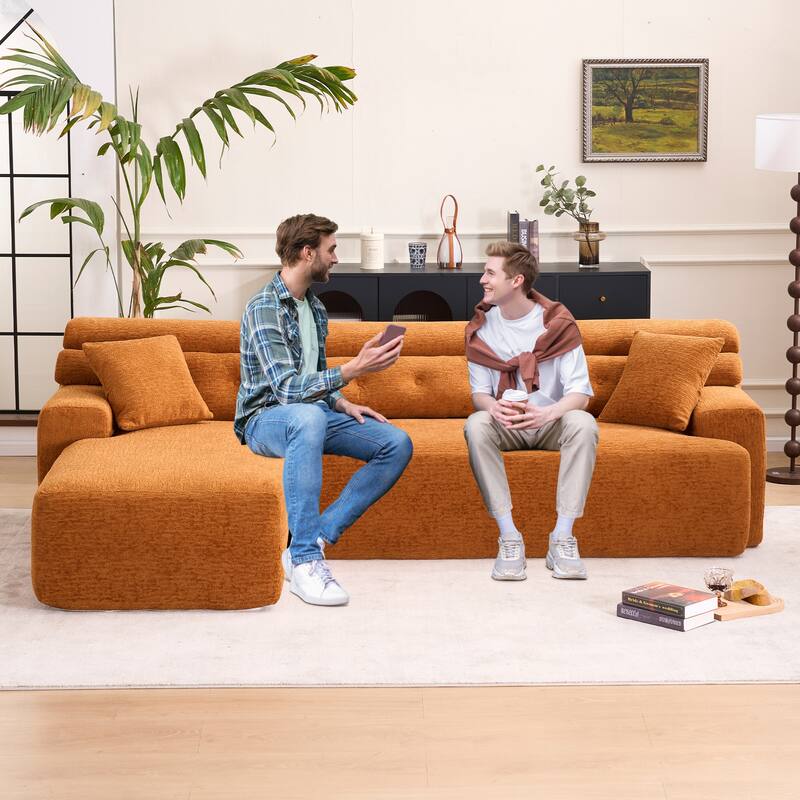 Set of 2 Single Chaise Lounge Convertible into L-shaped Sectional Sofa, Chenille Floor Couch Sleeper Sofa Bed with Pillows