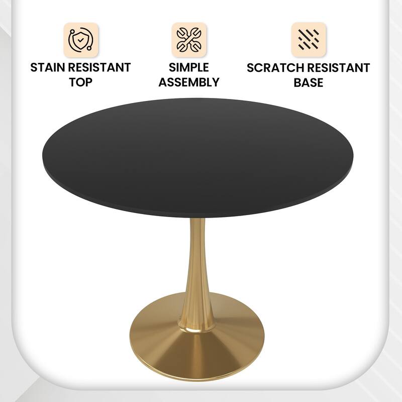 LeisureMod Bristol 35" Round Dining Table for 4 with MDF Tabletop in Gold Steel Base for Kitchen & Dining Room