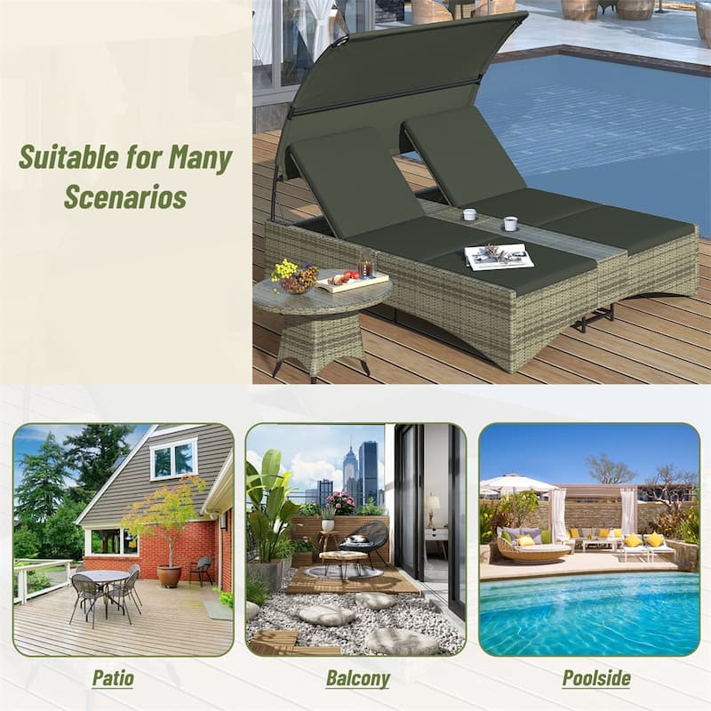 Outdoor Rattan Sun Daybed with Shelter Roof with Adjustable Backrest