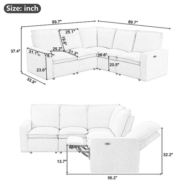 Linen Fabric L-shape Sectional Sofa Set with Power Recliner Chair Sofa ...