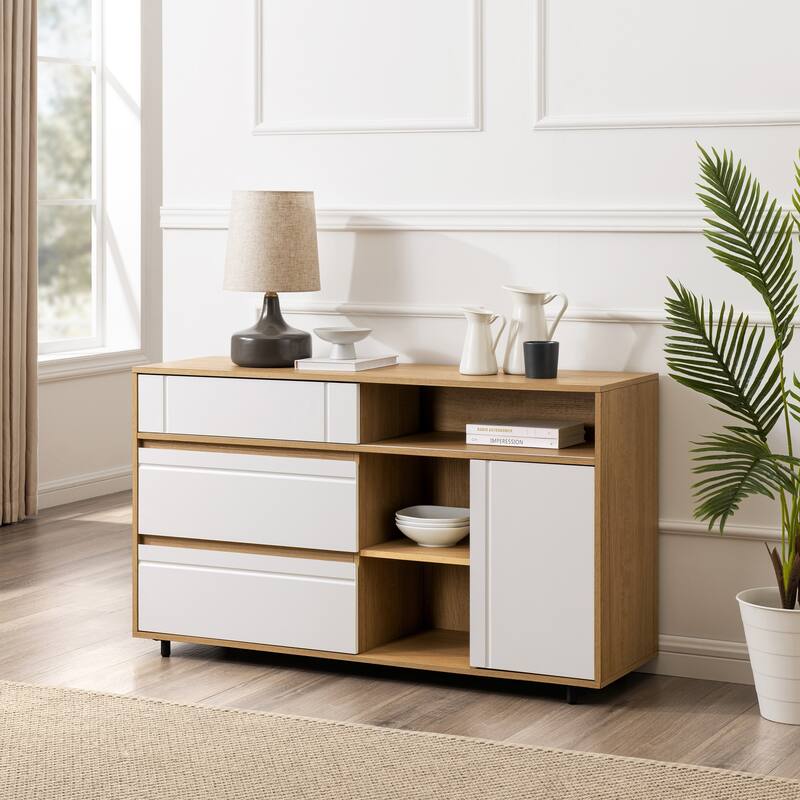 Contemporary Detailed-Door Sideboard with Open Storage - Dark Espresso / Solid Black