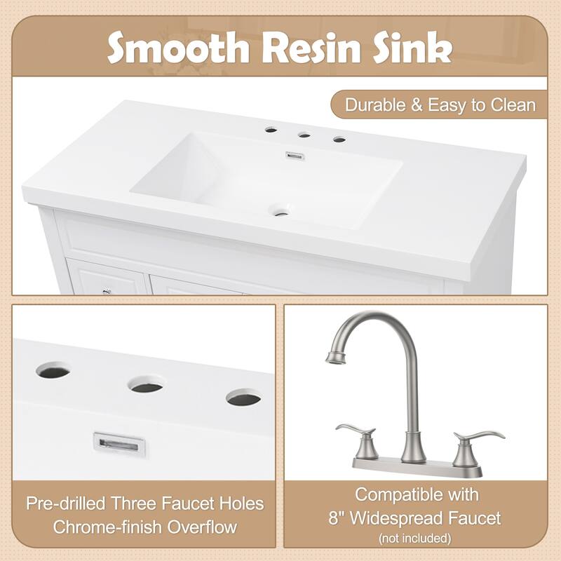48" Bathroom Vanity with Resin Sink, 6 Soft-Close Drawers, Double Doors and Solid Pine Legs, Freestanding Cabinet