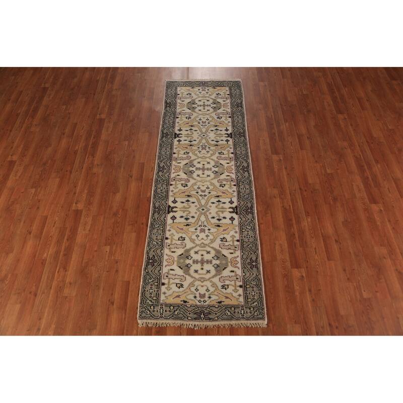 All-Over Ivory Oushak Indian Runner Rug Handmade Wool Carpet - 2'6"x 7'9"