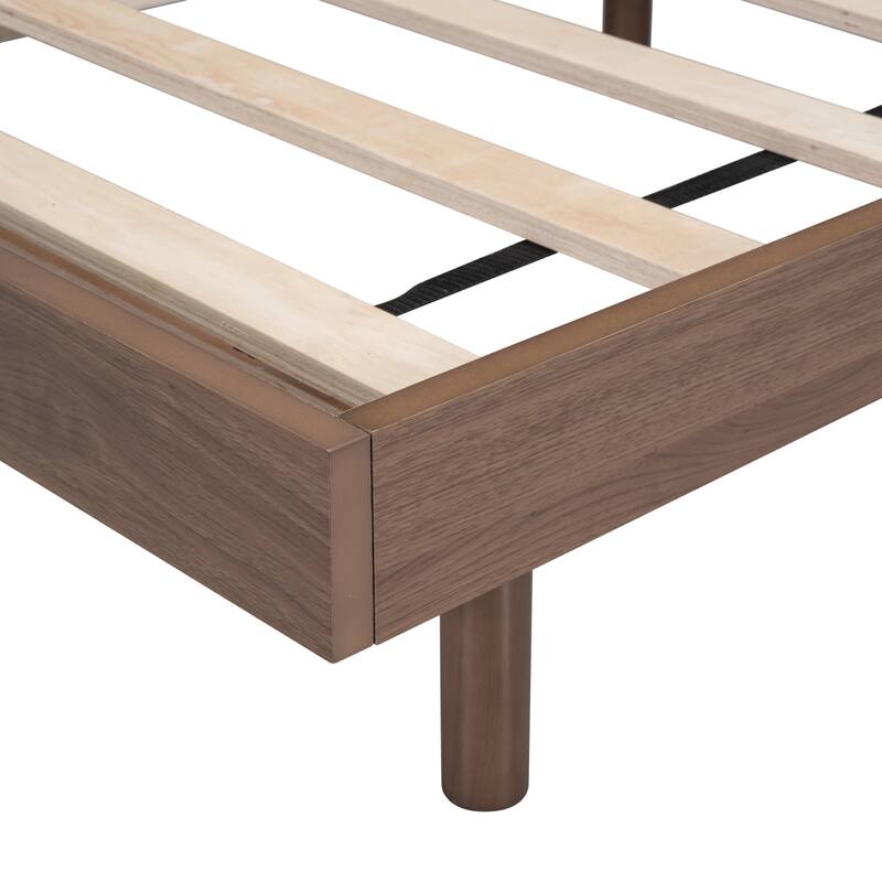 Walnut Full Size Floating Platform Bed with Rubberwood Legs & Plywood Slats