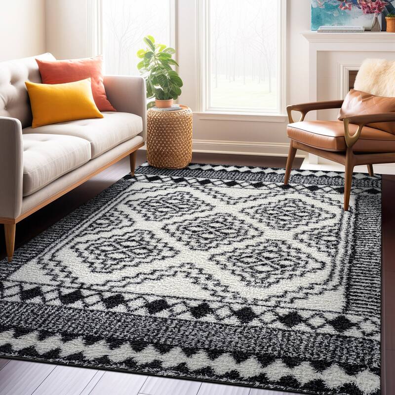 Geometric Shag Rug - Anthracite Dark Gray - Durable Rug for Living Room, Bedroom, or Entryway - Easy to Maintain - White - 5' x 7'