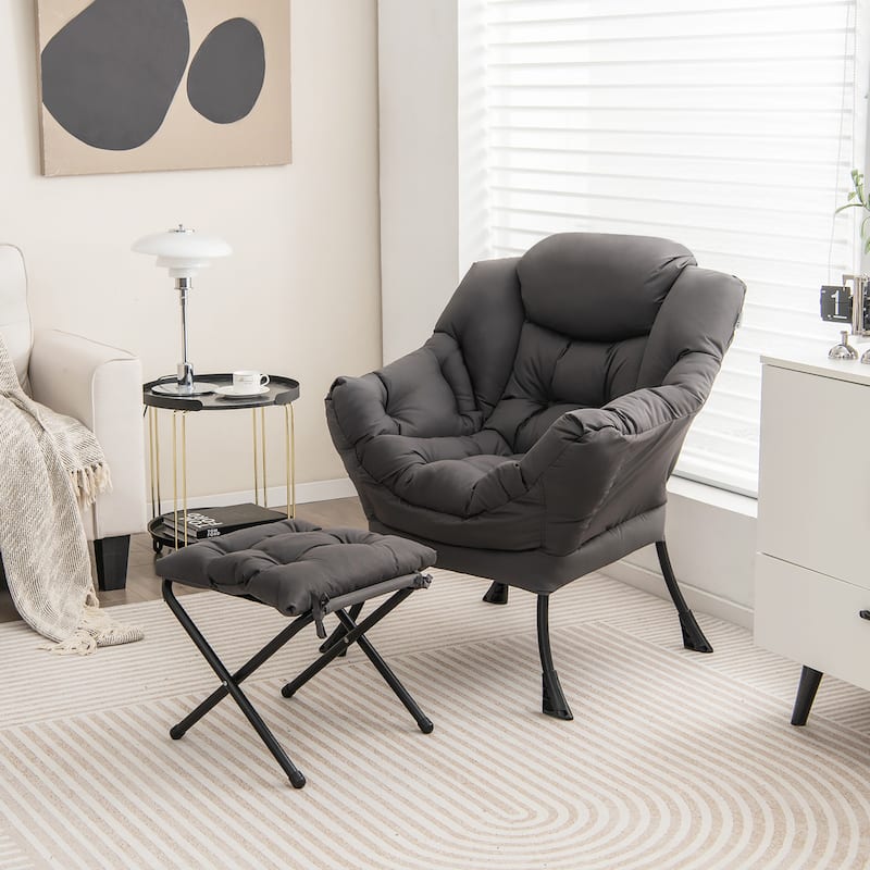 Gymax Lazy Sofa Chair Accent Leisure Armchair with Folding Footrest &