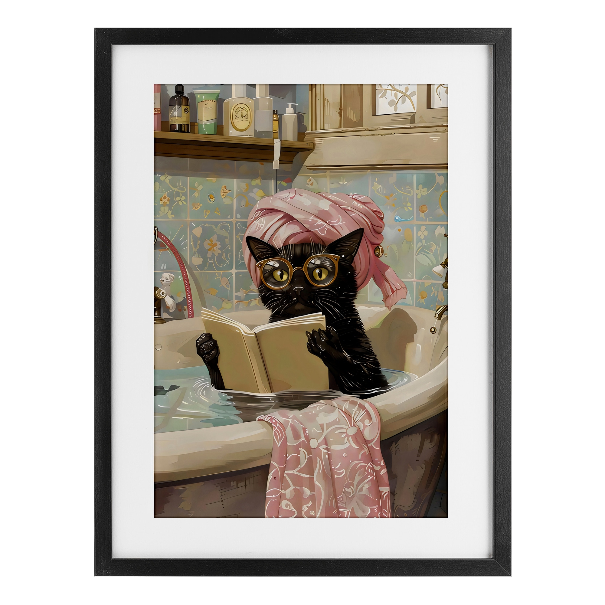 Stupell Kitty Care Bathtub Reading Under Glass Framed Design By LSR Design Studio