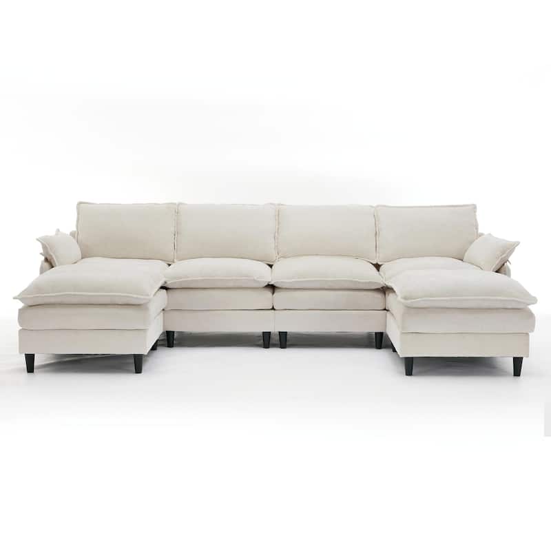 121.5" Chenille U-Shaped 6-Seater Sectional Sofa with 2 Movable Ottomans and 6 Pillows