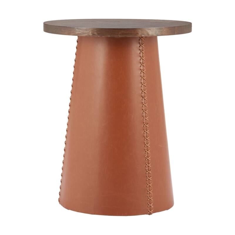 HomeRoots 23" Brown Wood and Faux Leather Round Pedestal End Table - 19.00 in. x 22.60 in. x 19.00 in.