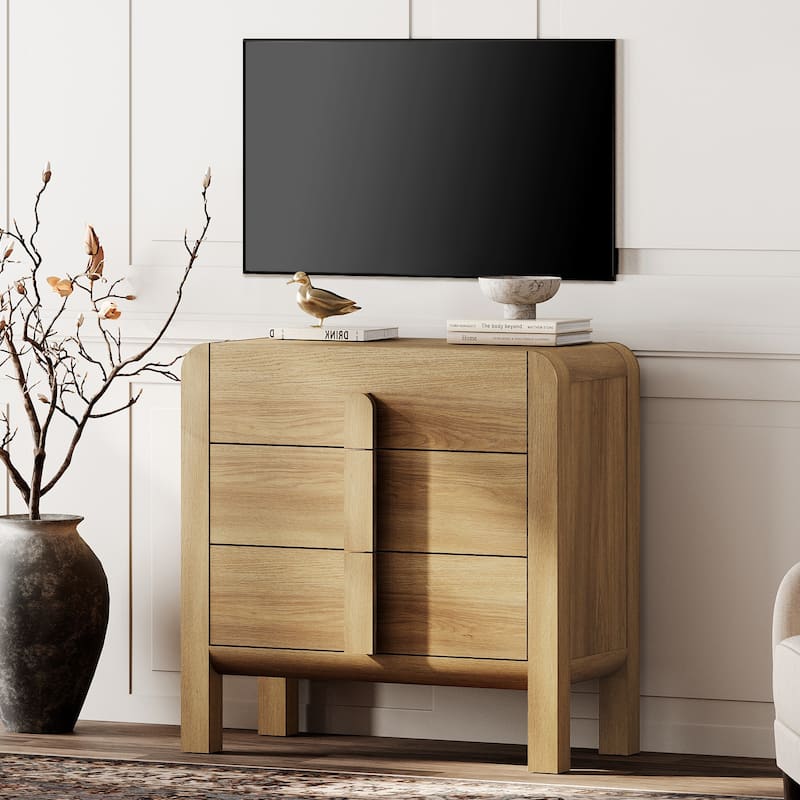 WAMPAT 31.5 Inches Curved Dresser TV Stand, Mid Century Modern Entertainment Center, Wooden TV Console With Storage