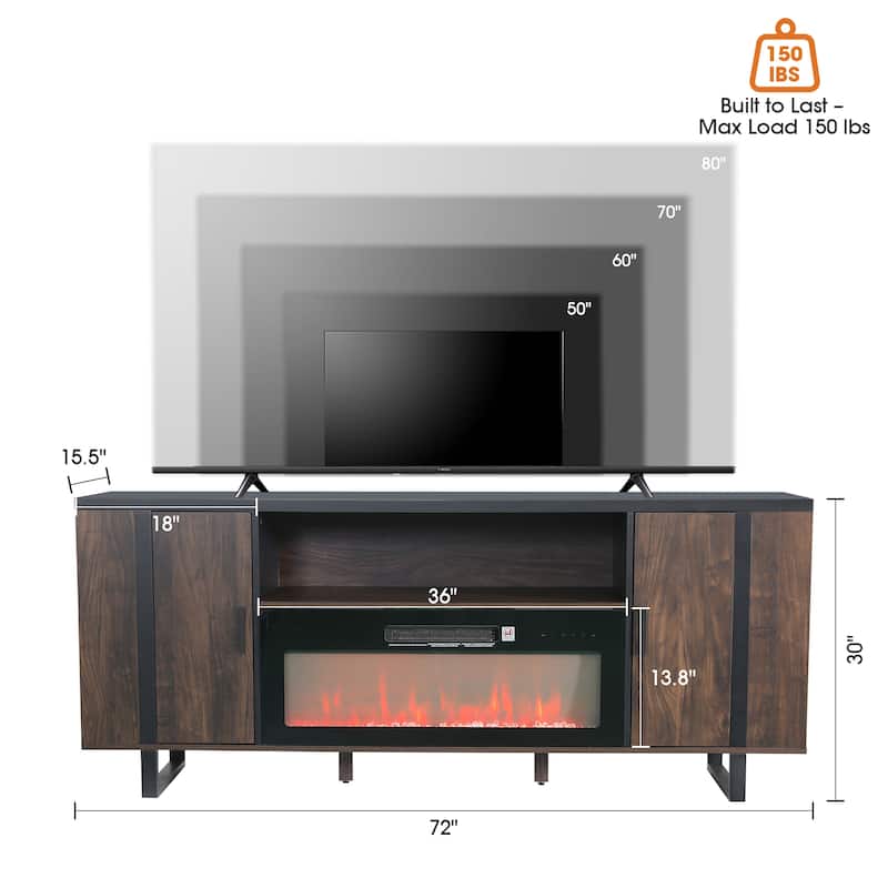 72" Farmhouse Walnut Wood Electric Fireplace TV Stand with Storage Open Compartment