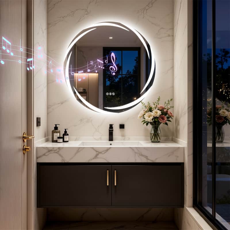 32" Round Bluetooth Speakers Vanity Mirror Wall Mounted Bathroom Mirror - 31.50"x31.50"