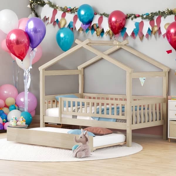 slide 2 of 9, Twin Size Wooden House Bed With Twin Size Trundle for Home Natural