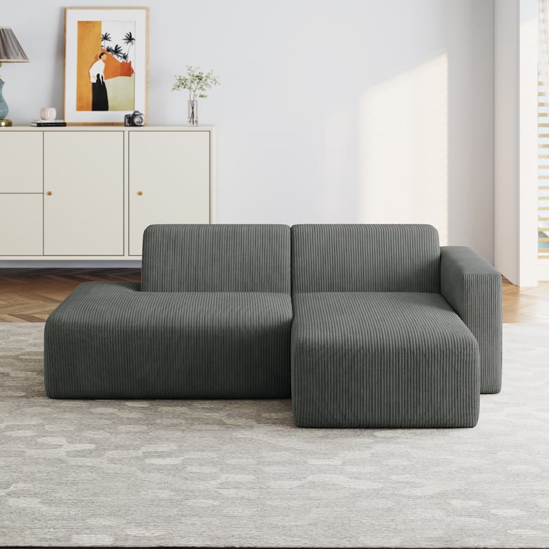 Modern Corduroy Non-Assembly L-Shaped Sectional Sofa Couch with Chaise - Grey-Right Facing - Right Facing