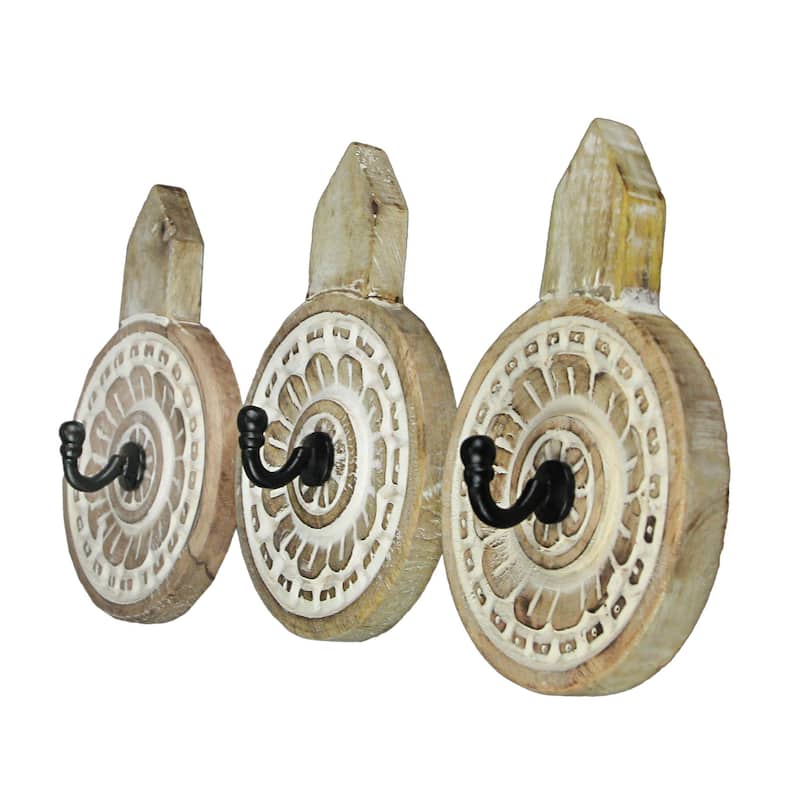 Hand Carved Wooden Wall Hooks Floral Coat Towel Hanging Art (Set Of 3)