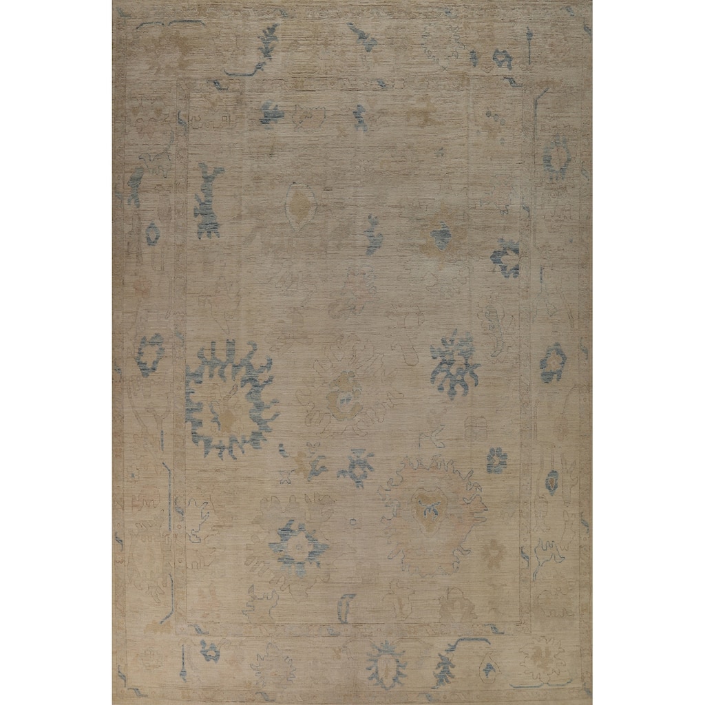 Hand Knotted Oriental 100% Wool Carpet Transitional All-Over Beige & Ivories Oushak Area Rug - 12' 0'' X 9' 0''