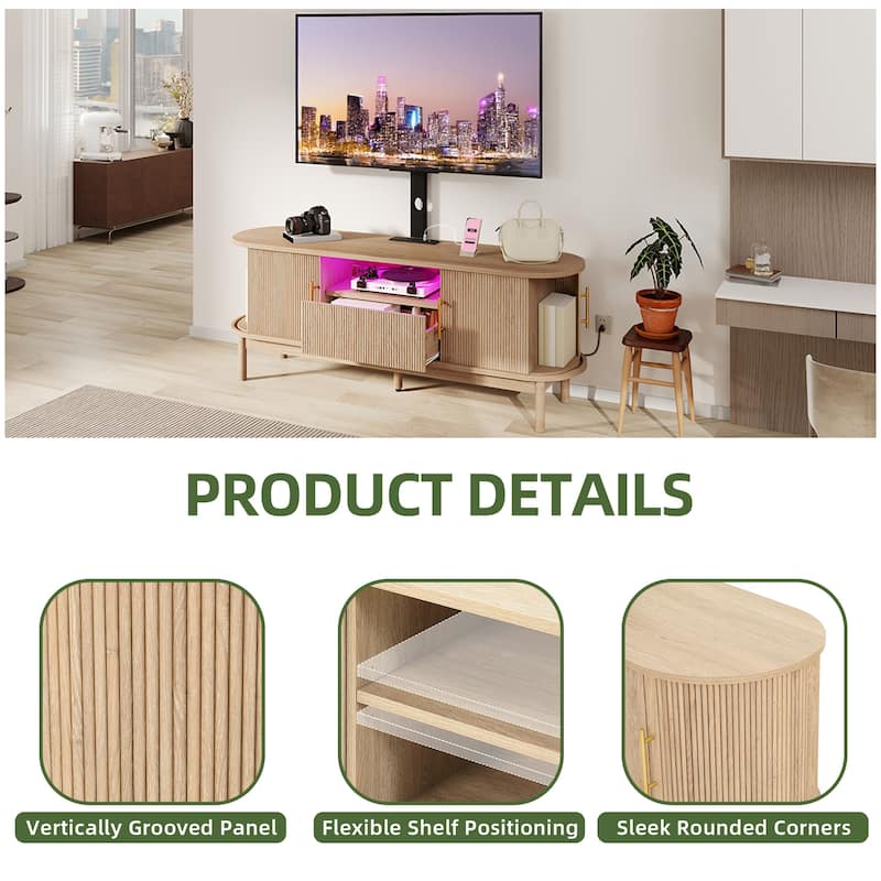 Moasis Mid-Century Modern Fluted TV Stand with Drawer and Adjustable Mount for Living Room