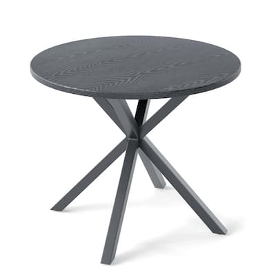 Grey Metal Round Patio Bistro Table Wood-Like Top Outdoor - 34" × 28.5"
