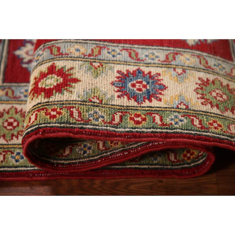 Red Geometric Kazak Oriental Accent Rug Handmade Wool Carpet - 3'6"x 4'9"